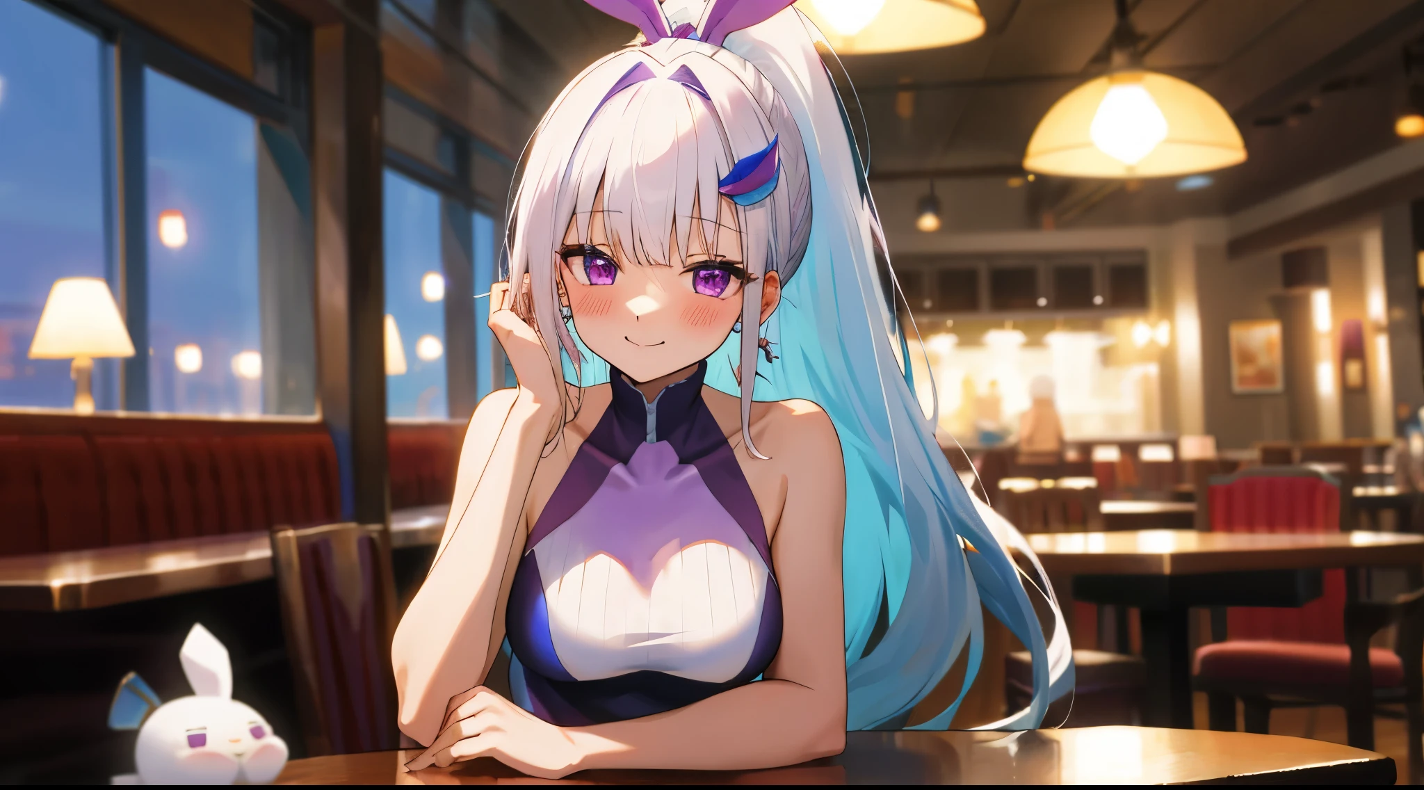 One girl with high ponytail hair, bangs, white hair, blue inner hair:1.25) , purple eyes, looking at viewer, blushing, little smile, indoor, cafe, table, sitting, naked bunny suit, sleeveless suit, bunny headband, earrings, mid-chest, night atmosphere, hair ornament, medium breasts, upper body, focus, blurry background, hands in face