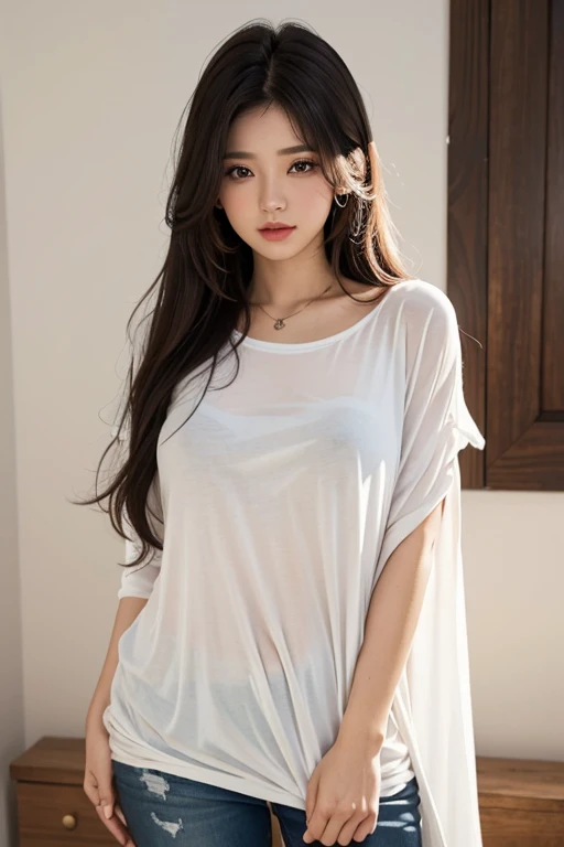 In nothing but an oversized long sleave sirt touching her
