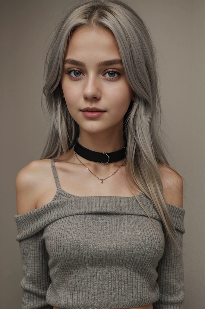 13 year old girl, Alone, Long gray hair, , view the viewer, Blonde hair, shoulder, Brown eyes, jewely, Full body lesbian, choker necklace, cropped shoulders, Sweaters, Open lips, actual, nase, flirting with the camera