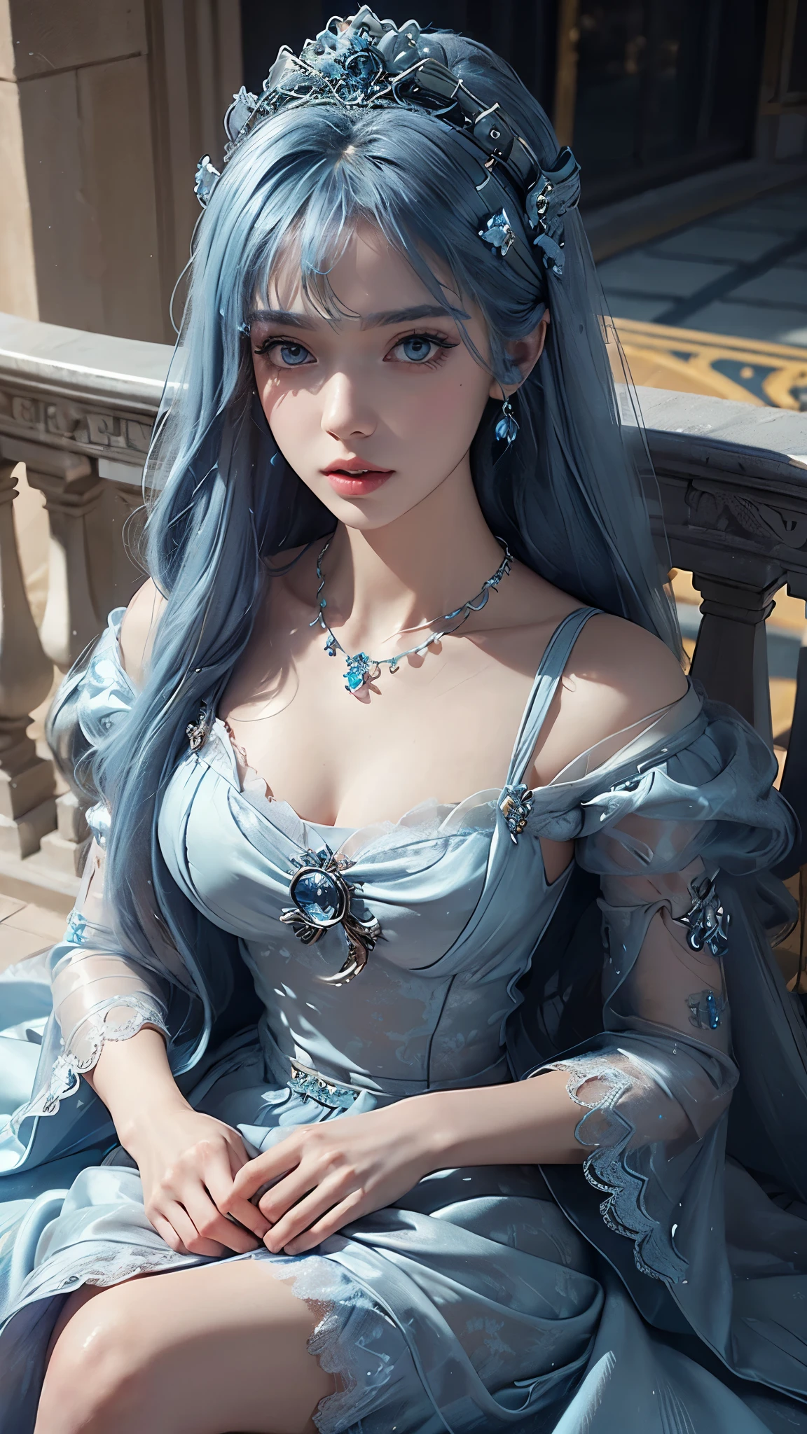 8k, masterpiece, 3d blur, 1 girl, beautiful face, very long hair, hair ornament, light makeup, detailed eyes, small breast, ultra detailed clothes, (blue princess dress:1.5), lace:1.5, ((closed up)), necklace, jewellery, amazing balcony background, sitting,