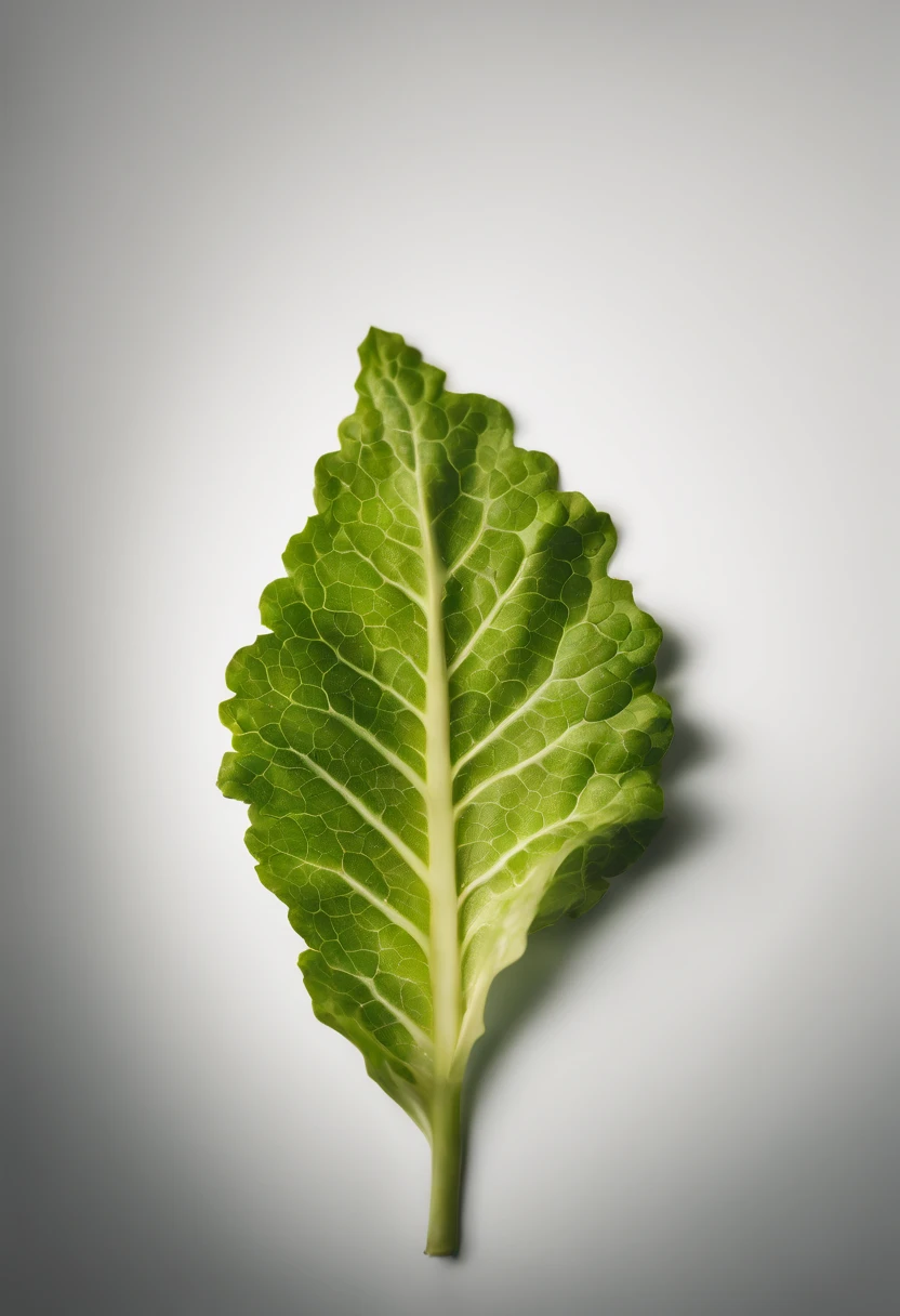 a minimalistic shot of a single lettuce leaf against a clean, white background, allowing the vibrant green color to be the focal point