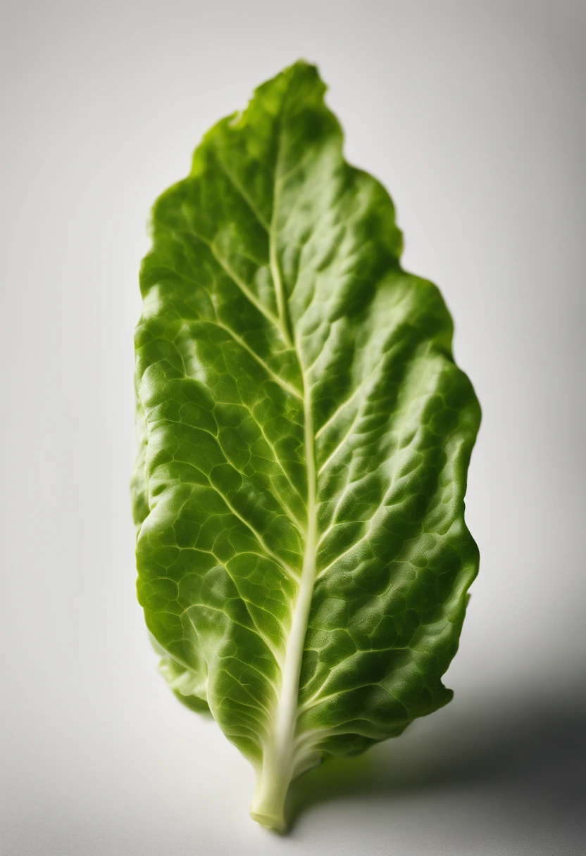 a minimalistic shot of a single lettuce leaf against a clean, white background, allowing the vibrant green color to be the focal point