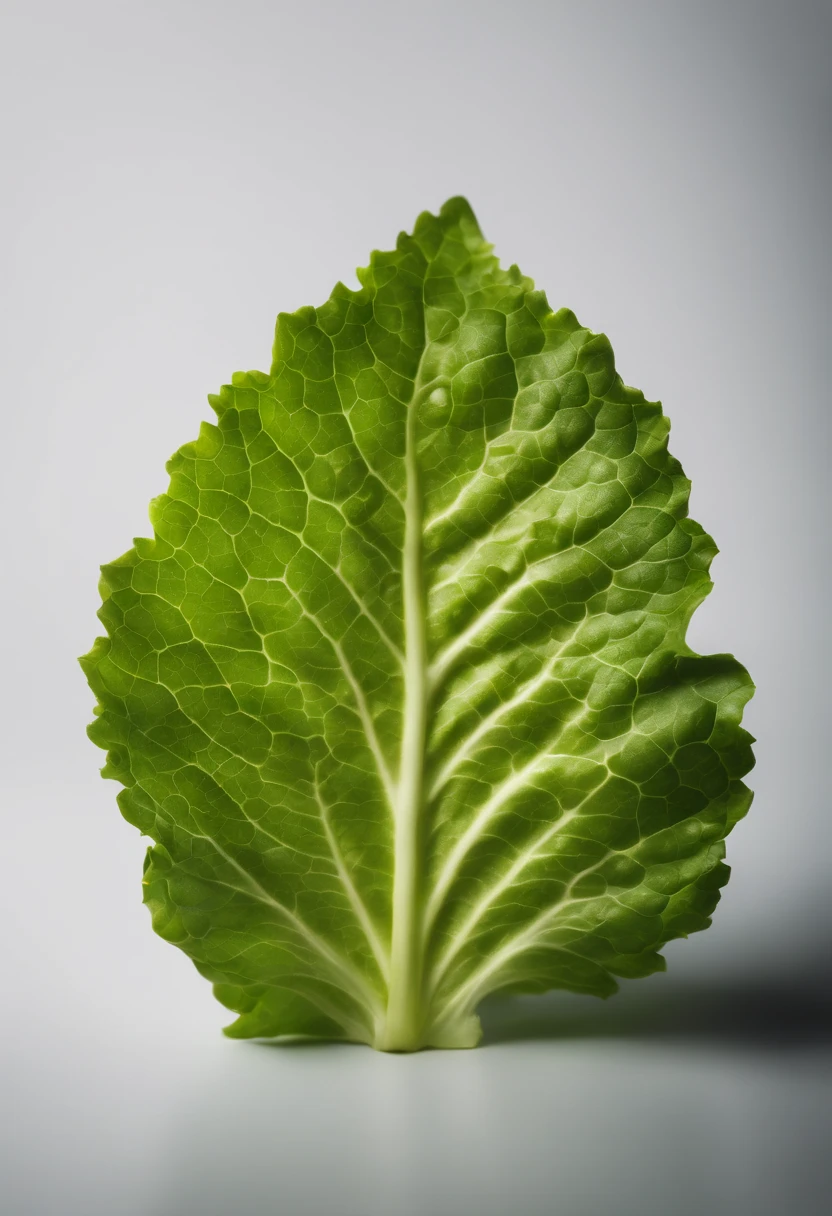 a minimalistic shot of a single lettuce leaf against a clean, white background, allowing the vibrant green color to be the focal point