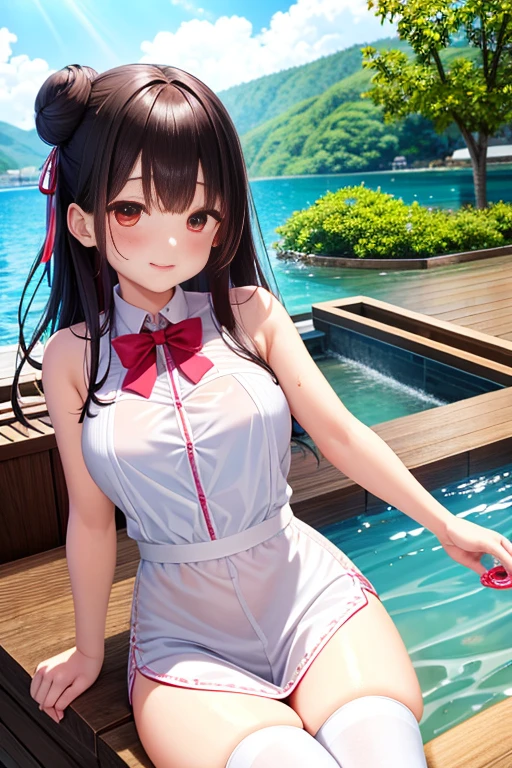 ultra - detailed,tmasterpiece,Best quality,love letter,see through blush,Yazawa Nico,red eyes, Blunt hair, 1female、white clothes、White cheongsam,Ancient style China、White bun hairstyle, black hair color hair、chubbiness、ssmile、White suspender tights、lace slap、Pale pink lips、Spring water,hot onsen,Pose in the water,playing water,drenched all over the body,Pink,secretly underwater,Put your hands on,,face flushed,Confused eyes,Lie flat,Visible nipple、A、j,