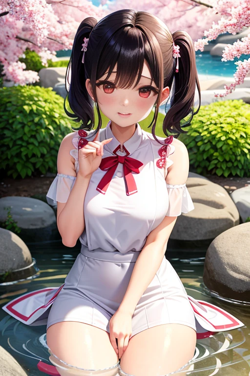 top-quality、extremely delicate and beautiful、Soio、Soio、8-year-old little girl、japanes、Lori、Chiquita、elementary student、A dark-haired、((Pink leotard))、（highleg）、Tiara on the head、A smile、is standing、Facing the front、Pond in the background