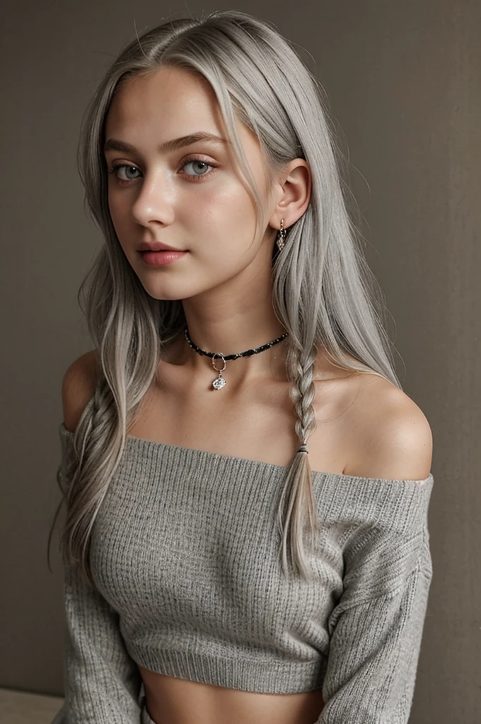 13 year old girl, Alone, Long gray hair, , view the viewer, Blonde hair, shoulder, Brown eyes, jewely, Full body lesbian, choker necklace, cropped shoulders, Sweaters, Open lips, actual, nase, flirting with the camera