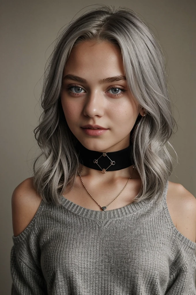 13 year old girl, Alone, Long gray hair, , view the viewer, Blonde hair, shoulder, Brown eyes, jewely, Full body lesbian, choker necklace, cropped shoulders, Sweaters, Open lips, actual, nase, flirting with the camera