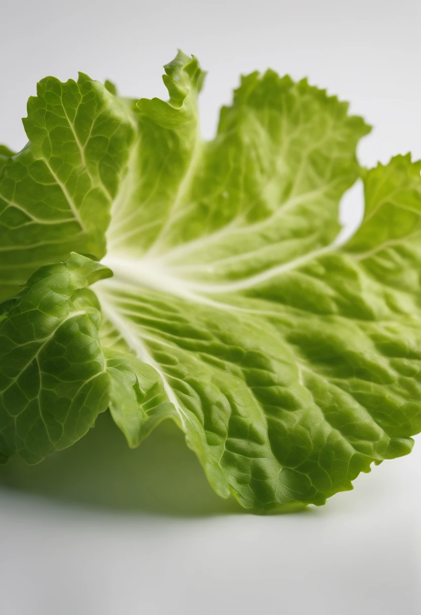 a minimalistic shot of a single lettuce leaf against a clean, white background, allowing the vibrant green color to be the focal point