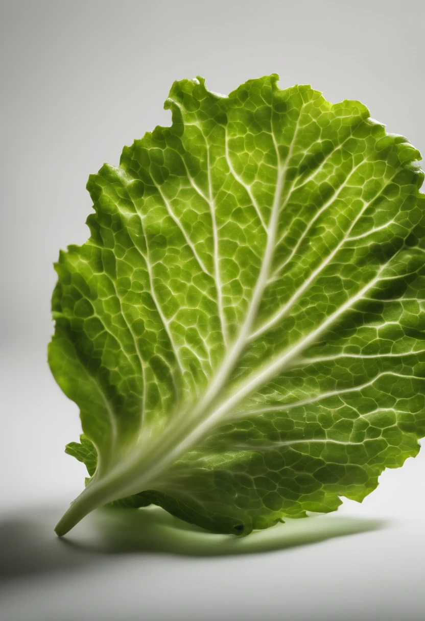 a minimalistic shot of a single lettuce leaf against a clean, white background, allowing the vibrant green color to be the focal point