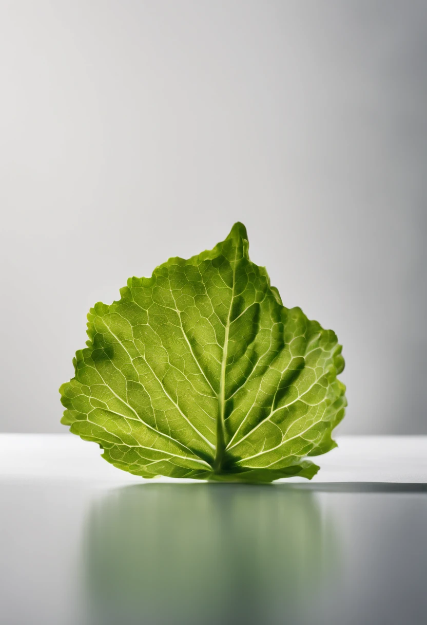 a minimalistic shot of a single lettuce leaf against a clean, white background, allowing the vibrant green color to be the focal point