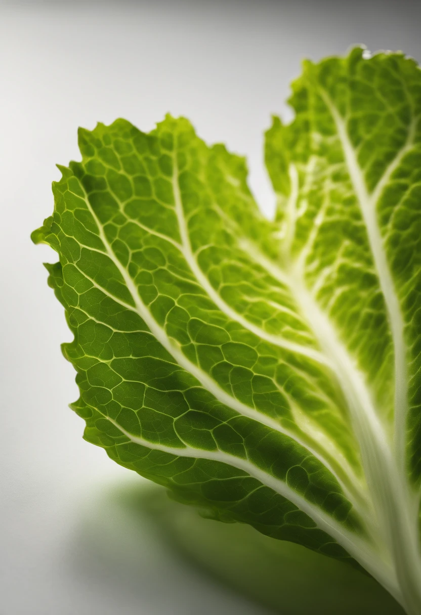 a minimalistic shot of a single lettuce leaf against a clean, white background, allowing the vibrant green color to be the focal point