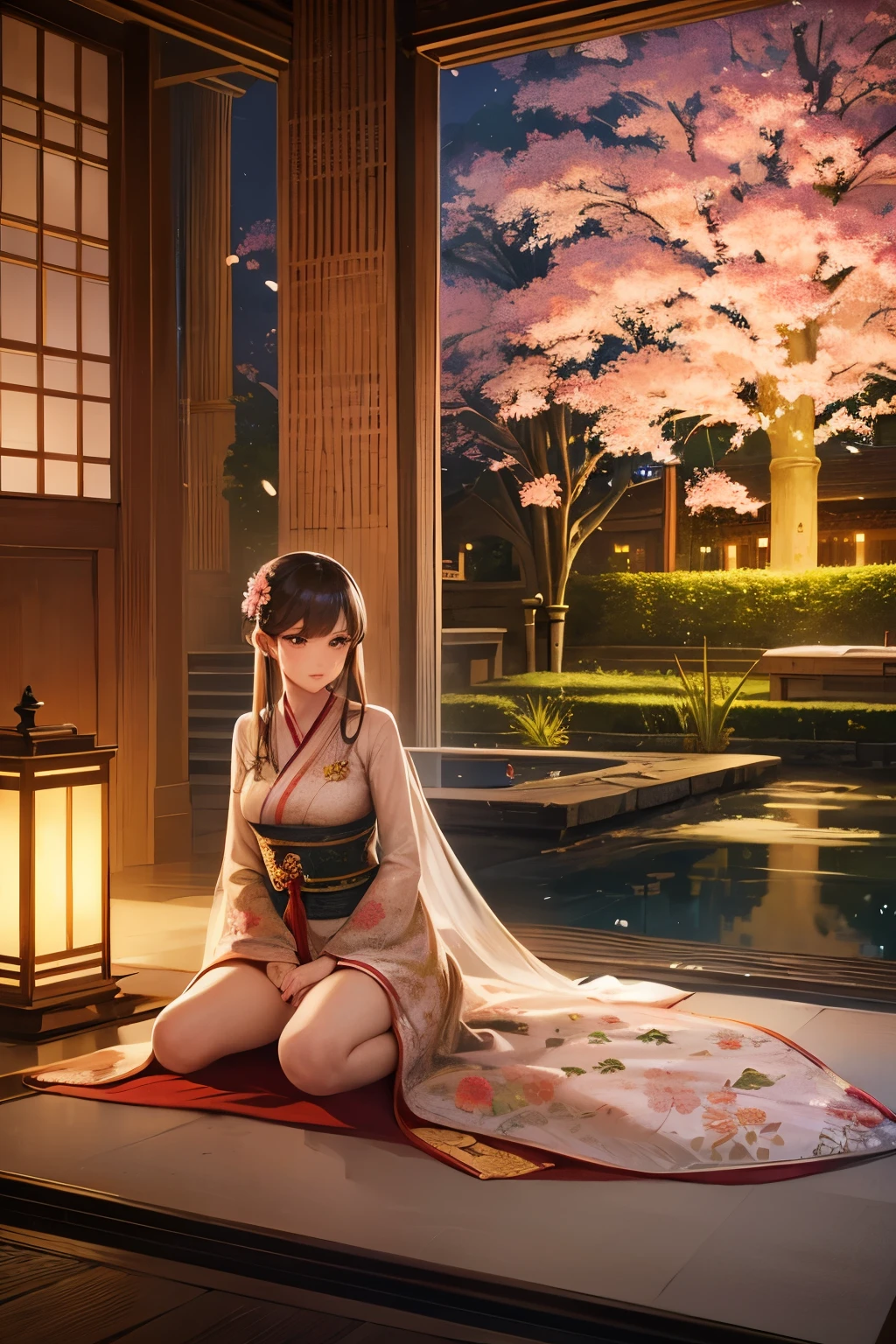 beautiful detailed eyes, traditional costume, serene garden, cherry blossom, flowing robes, graceful pose, bamboo forest, delicate embroidery, tea ceremony, ancient architecture, soft lighting, vibrant colors, dreamlike atmosphere, intricate details. on knees