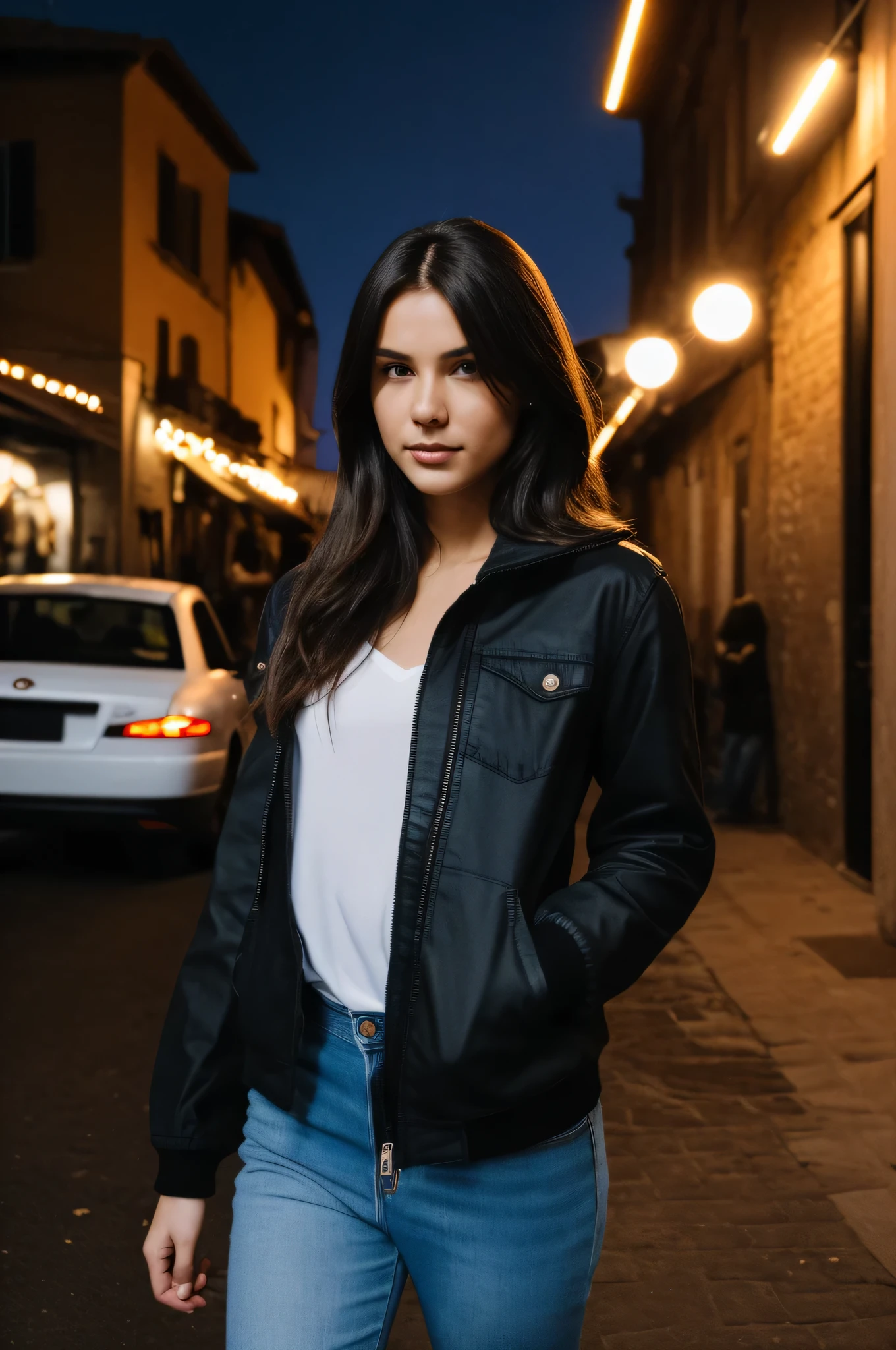 Cinematographer, a  girl, 21-year-old, brown long hair, con una chaqueta negra,gaze at the camera, Camisa blanca, pantalones vaqueros azules, Italia, fondo ((que contiene autos, Luces, personas caminando)), Film style, realista, ultra-realista, hyperrealista, 8k, ..3D, UDisco duro, Disco duro