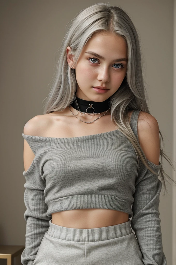 13 year old girl, Alone, Long gray hair, , view the viewer, Blonde hair, shoulder, Brown eyes, jewely, Full body lesbian, choker necklace, cropped shoulders, Sweaters, Open lips, actual, nase, flirting with the camera