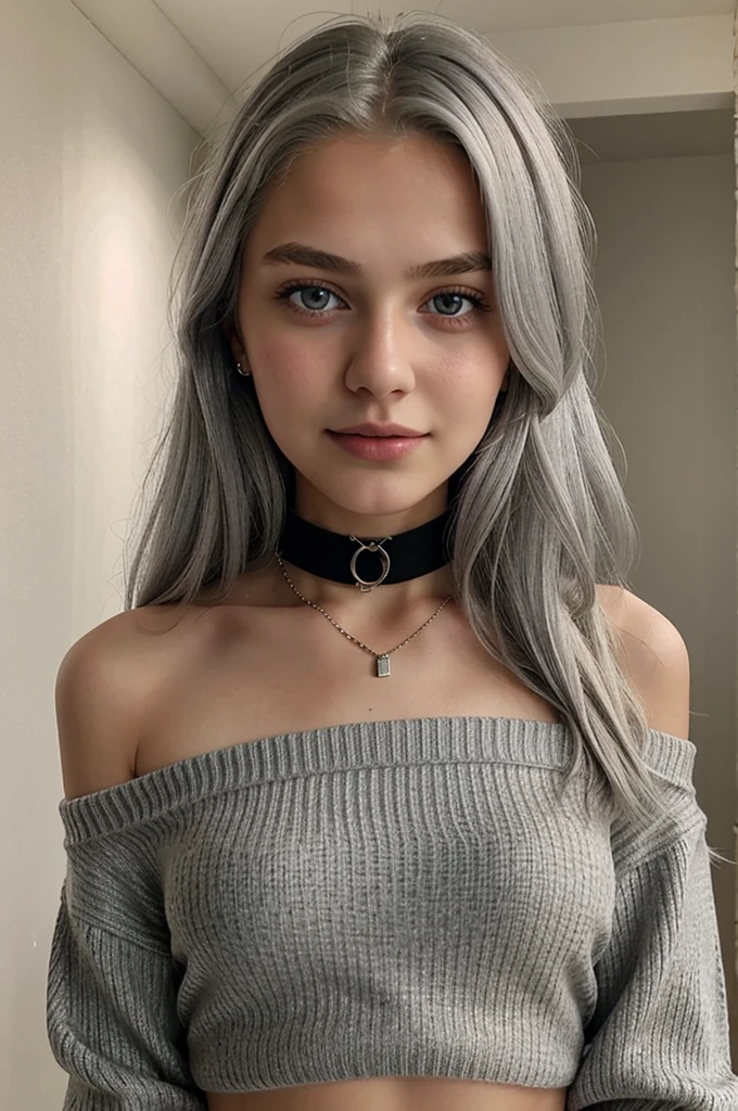 13 year old girl, Alone, Long gray hair, , view the viewer, Blonde hair, shoulder, Brown eyes, jewely, Full body lesbian, choker necklace, cropped shoulders, Sweaters, Open lips, actual, nase, flirting with the camera