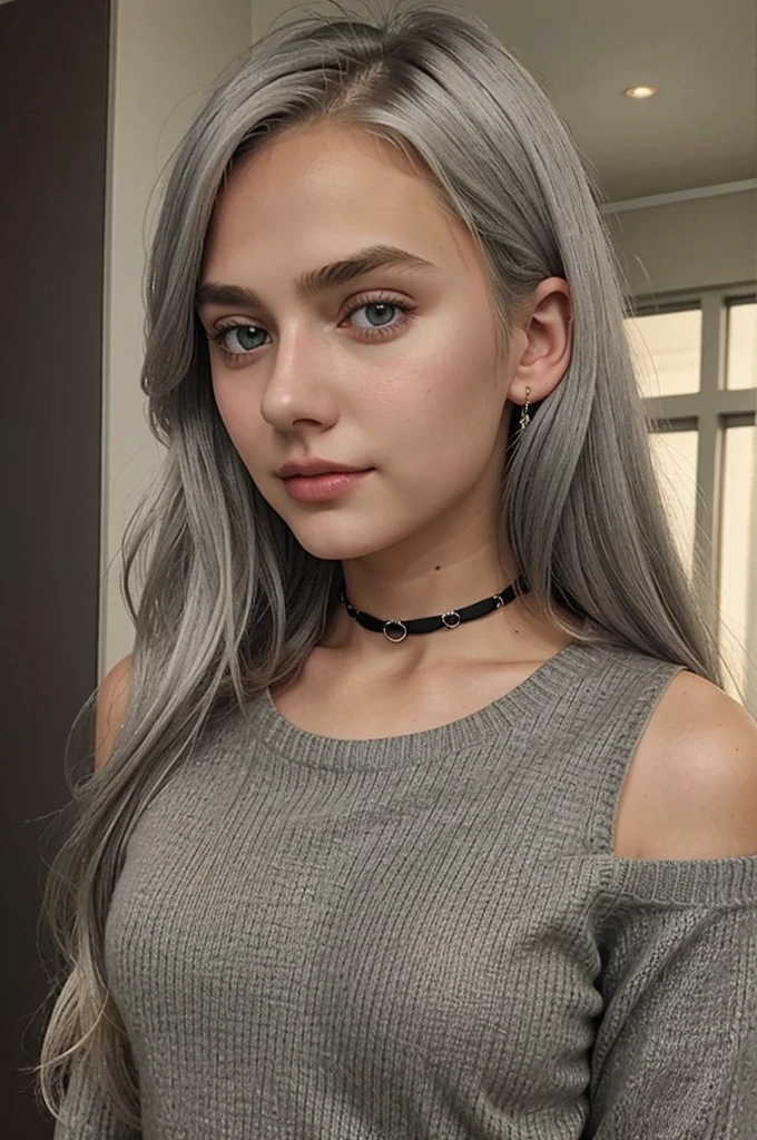 13 year old girl, Alone, Long gray hair, , view the viewer, Blonde hair, shoulder, Brown eyes, jewely, Full body lesbian, choker necklace, cropped shoulders, Sweaters, Open lips, actual, nase, flirting with the camera