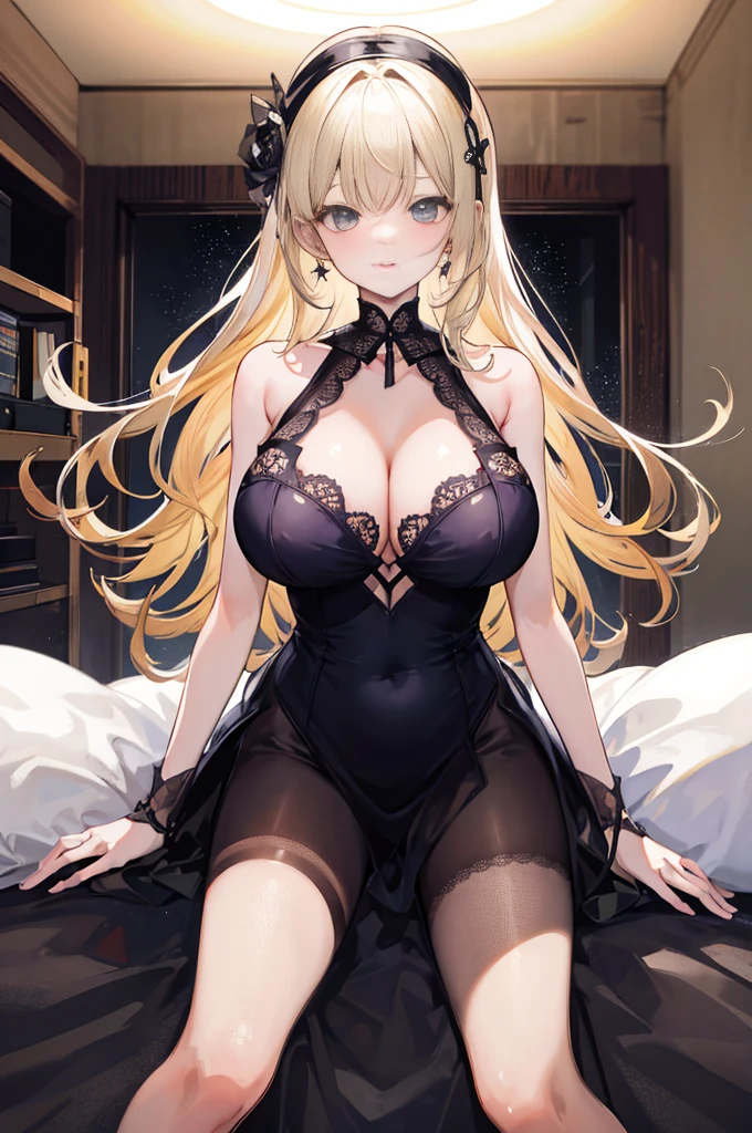 tmasterpiece, Best quality at best, finely detailled, A high resolution, Extremely refined and beautiful, 1womanl,slenderlegs, looking at viewert, face to the viewer, Golden hair, white backgrounid, 独奏,(full bodyesbian:2),(:1.2),A mother,Big breasts wife,Bedrooms,Complicated details,Intricate patterns,