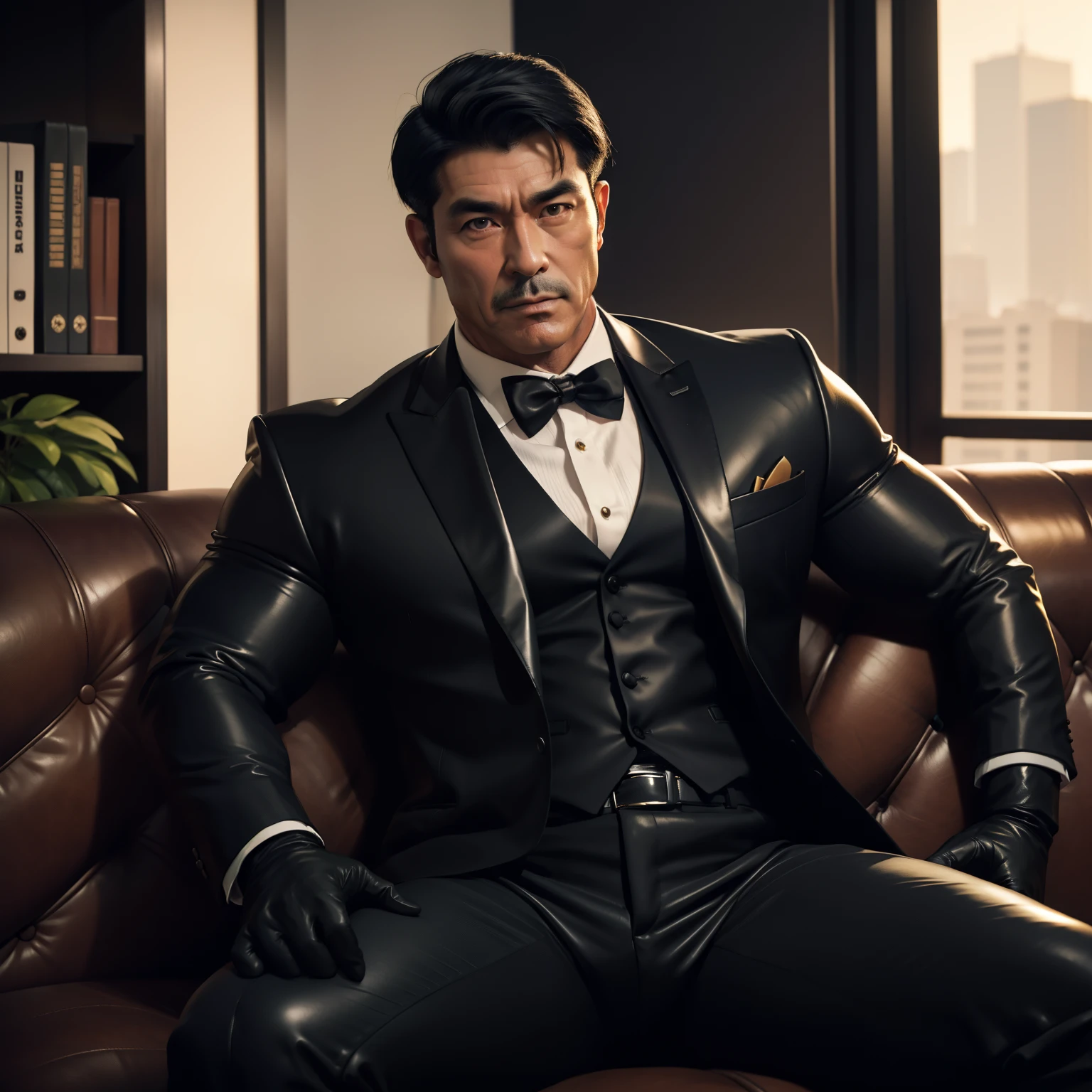 30 years old,daddy,"shiny suit ",Dad sat on sofa,k hd,in the office,"big muscle", gay ,black hair,asia face,masculine,strong man,the boss is,handsome,,leather gloves, dad,look straight ahead,dad is handsome,dad is handsome ,dad is "horny dad