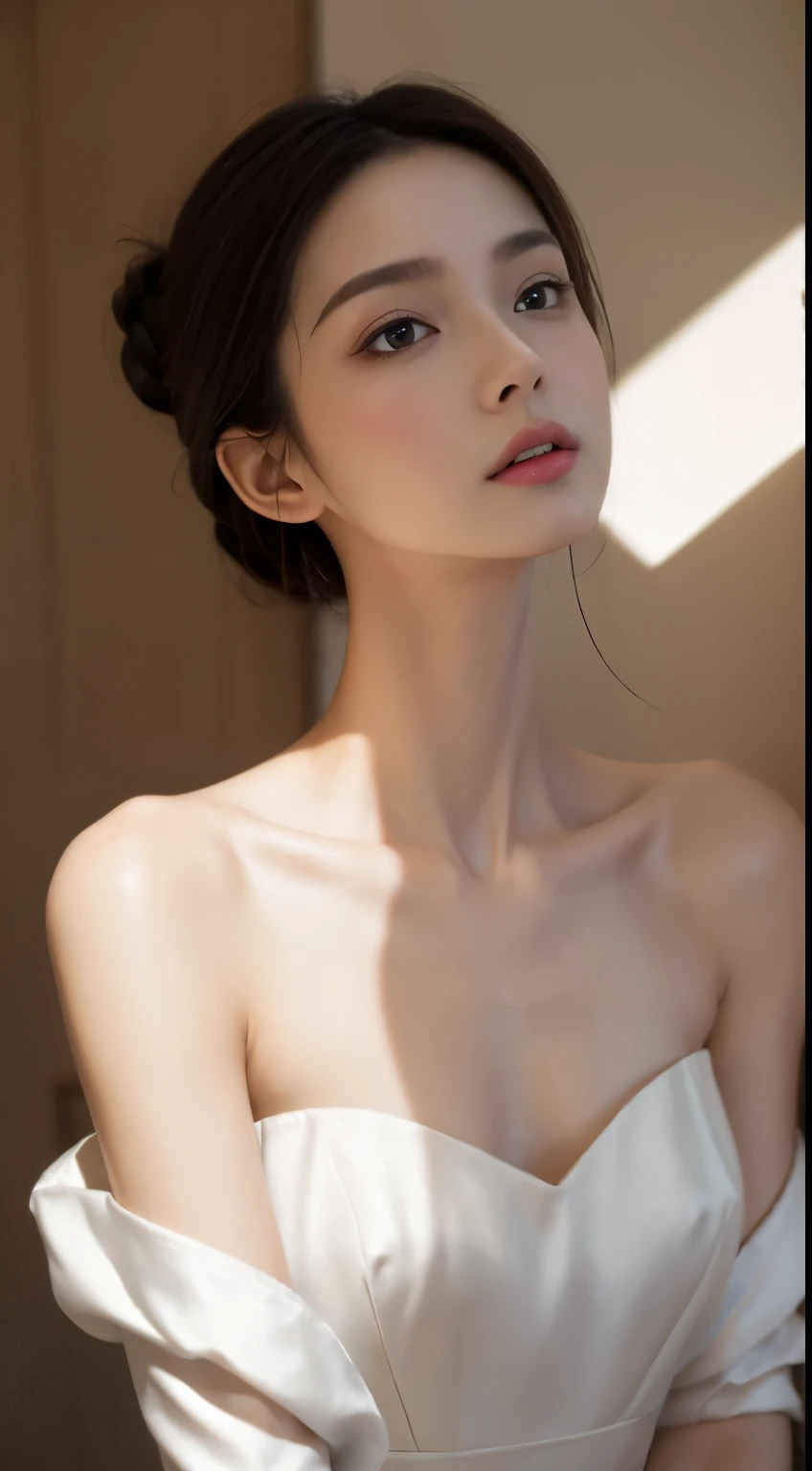 (Photorealistic),(Masterpiece),(ultra-detailed),a shot of very beautiful and tall but so delicate and weak and thin and fragile because she hasn’t eaten for a month,wearing a baggy white silk dress ,have absolutely no fat or muscles, quite tall but very small and feeble and fragile body frame,enduring extreme hunger,big eyes and very small face,about to faint but resisting,extremely severely malnourished