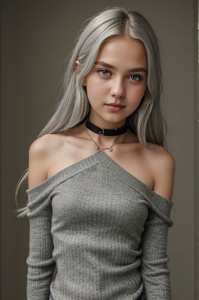 13 year old girl, Alone, Long gray hair, , view the viewer, Blonde hair, shoulder, Brown eyes, jewely, Full body lesbian, choker necklace, cropped shoulders, Sweaters, Open lips, actual, nase, flirting with the camera