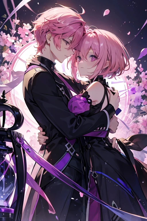 A pink haired man with violet eyes is hugging a pink haired woman with violet eyes with an hourglass figure and short hair