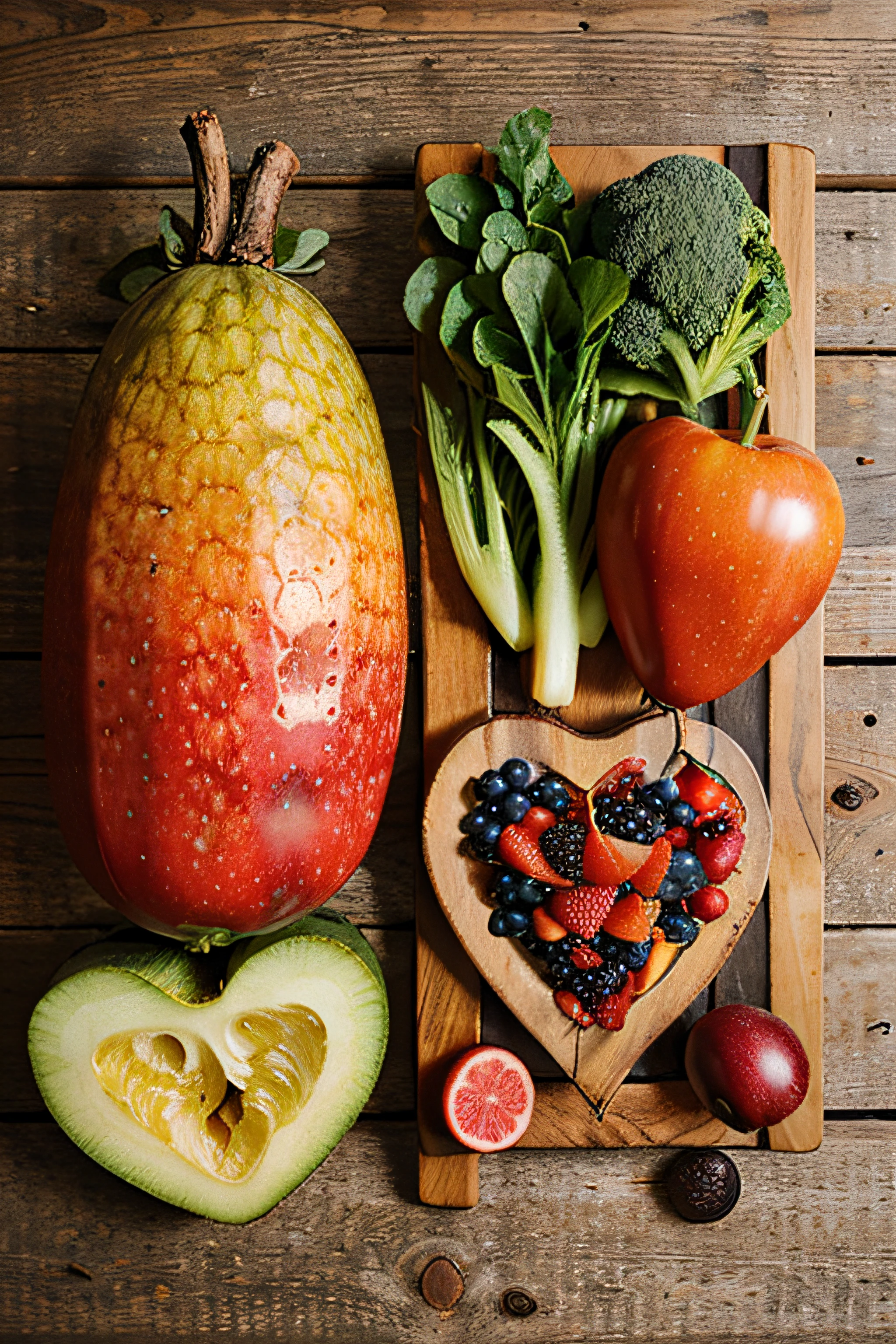 fresh fruits and vegetables on wooden heart board and sports equipment and stethoscope