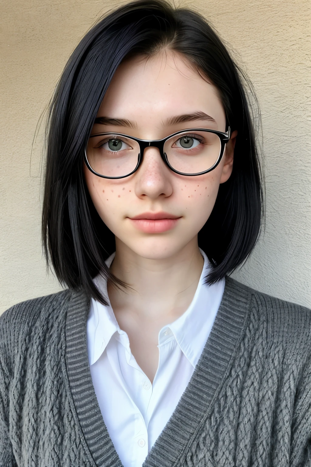 1girl, age 18, solo, (textured skin, skin pores: 1.1), caucasian, straight black hair, gray eyes, small freckles, very pale skin, wearing a cardigan, thick black glasses, nerd