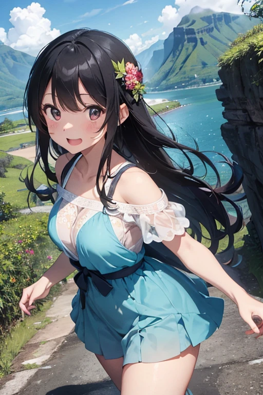 tmasterpiece、need、1female、blue clothes、Ancient style China、 White cloth is good, good, good、brunette color hair、Shoulder leakage、The chest is large、chubbiness、ssmile、with her mouth open,white colors吊带裤袜、lace leggings、white colors、pale pink lip、In the foreground of graphic art、Women perform traditional dance on Kauai。She wears floral ornaments,Wearing a straw robe.、He is holding a bouquet of flowers in his hand。。。。。。。。。。。。。。。。。。。。。。。。。。。。。。。。。。。。。。。。。。。。。。。。。。。。。。。。。。。。。。。。。。。。。。。。。。。。。。。。。。。。。。。Her expression is bright and happy.、The dance moves are also elegant and graceful。She dances,It's like celebrating Kauai's nature and culture。 Graphic art background、You can see Mount Waialale (Wyallaire Hills)。The area near the summit is covered by thick clouds.、It has an air of mystery。Lush vegetation and waterfalls can be seen on the mountainside。pure、The sky has a rainbow.、kauai island name「Garden Island」It expresses abundant nature。