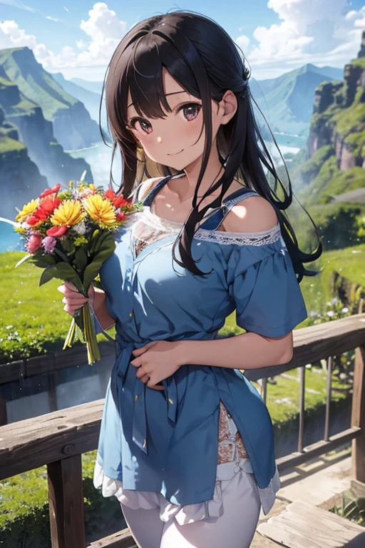 tmasterpiece、need、1female、blue clothes、Ancient style China、 White cloth is good, good, good、brunette color hair、Shoulder leakage、The chest is large、chubbiness、ssmile、with her mouth open,white colors吊带裤袜、lace leggings、white colors、pale pink lip、In the foreground of graphic art、Women perform traditional dance on Kauai。She wears floral ornaments,Wearing a straw robe.、He is holding a bouquet of flowers in his hand。。。。。。。。。。。。。。。。。。。。。。。。。。。。。。。。。。。。。。。。。。。。。。。。。。。。。。。。。。。。。。。。。。。。。。。。。。。。。。。。。。。。。。。Her expression is bright and happy.、The dance moves are also elegant and graceful。She dances,It's like celebrating Kauai's nature and culture。 Graphic art background、You can see Mount Waialale (Wyallaire Hills)。The area near the summit is covered by thick clouds.、It has an air of mystery。Lush vegetation and waterfalls can be seen on the mountainside。pure、The sky has a rainbow.、kauai island name「Garden Island」It expresses abundant nature。