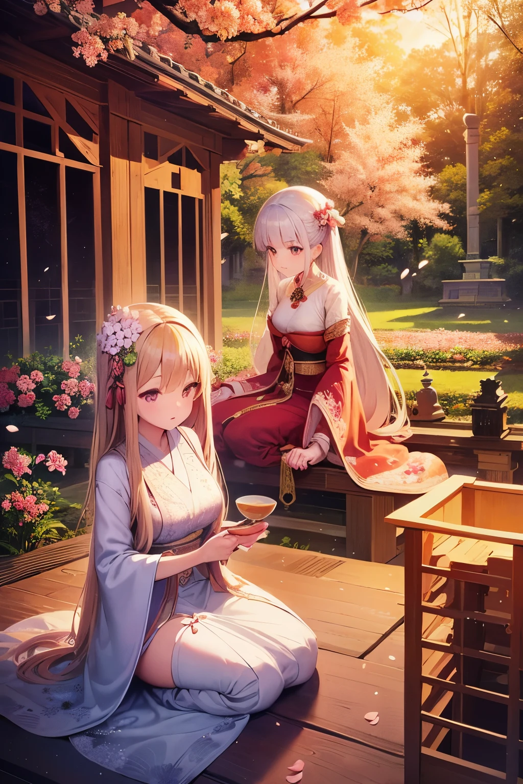 beautiful detailed eyes, traditional costume, serene garden, cherry blossom, flowing robes, graceful pose, bamboo forest, delicate embroidery, tea ceremony, ancient architecture, soft lighting, vibrant colors, dreamlike atmosphere, intricate details. on knees