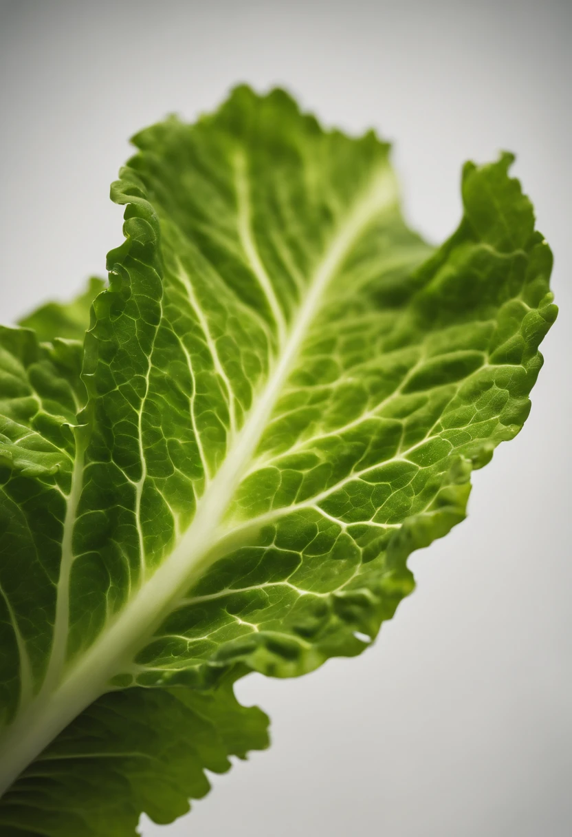 a minimalistic shot of a single lettuce leaf against a clean, white background, allowing the vibrant green color to be the focal point