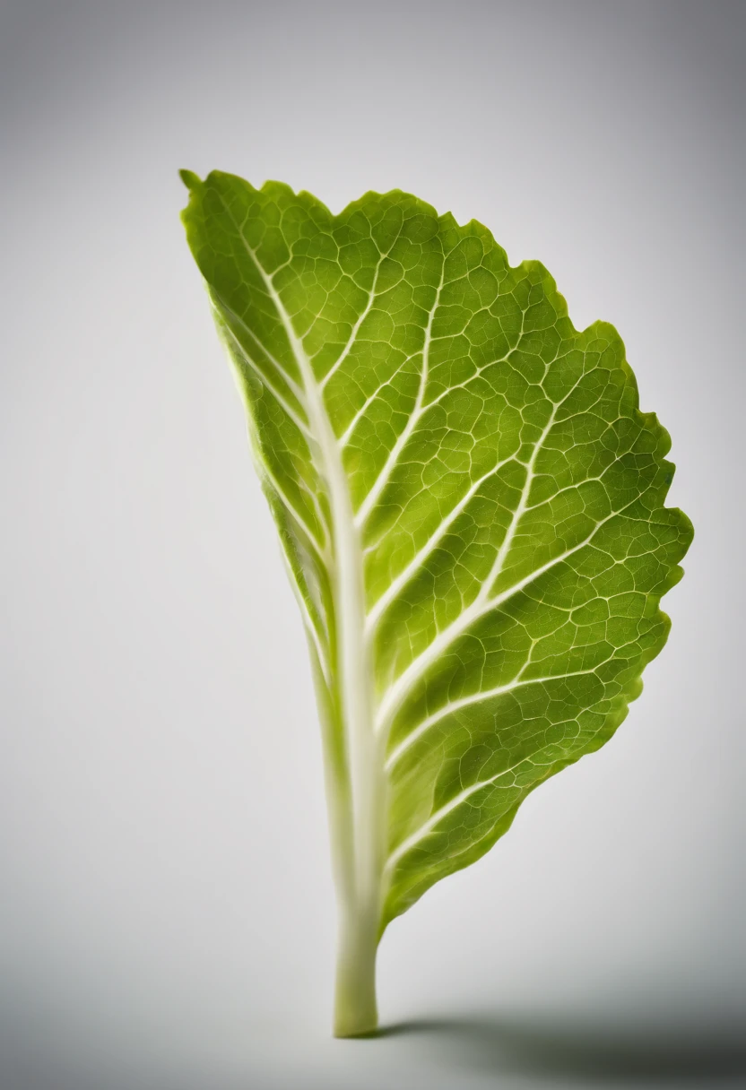 a minimalistic shot of a single lettuce leaf against a clean, white background, allowing the vibrant green color to be the focal point