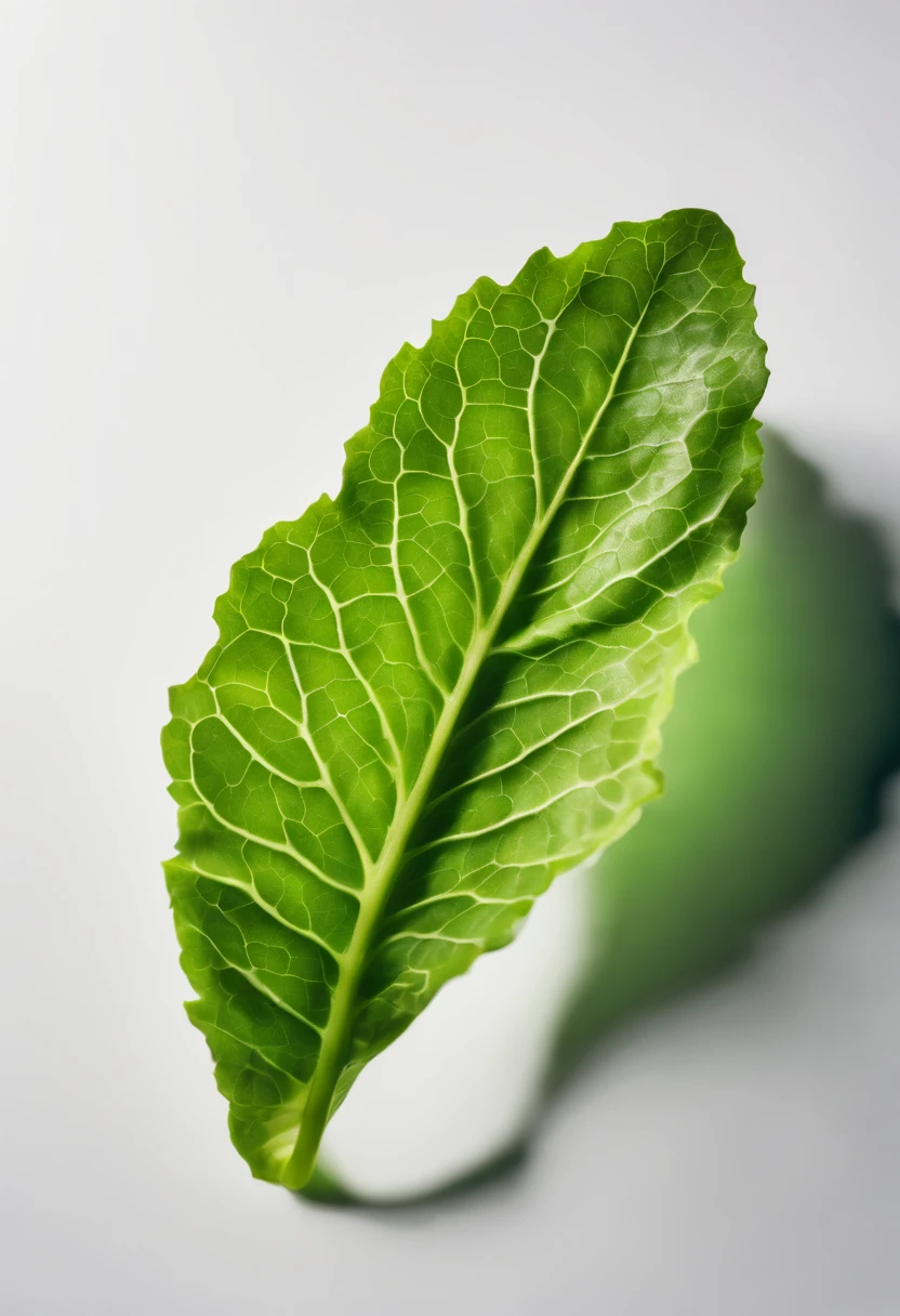 a minimalistic shot of a single lettuce leaf against a clean, white background, allowing the vibrant green color to be the focal point