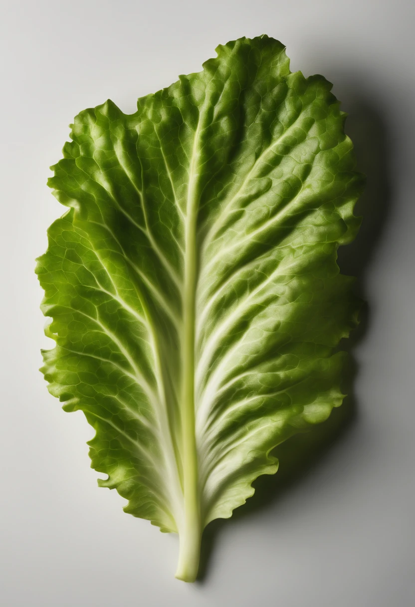 a minimalistic shot of a single lettuce leaf against a clean, white background, allowing the vibrant green color to be the focal point