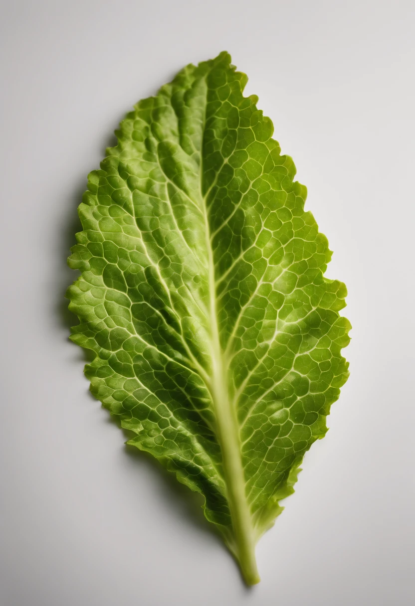 a minimalistic shot of a single lettuce leaf against a clean, white background, allowing the vibrant green color to be the focal point