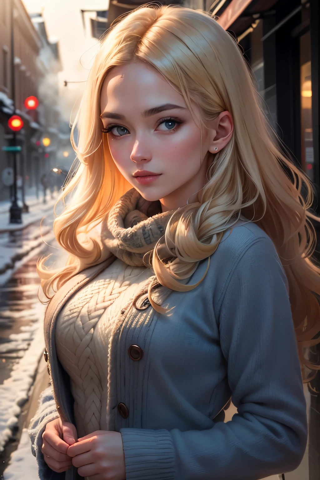 proFessional portrait photograph oF a gorgeous Norwegian girl in winter clothing with long wavy blonde hair, sultry Flirty look, gorgeous symmetrical Face, maquiagem natural bonito, wearing elegante warm winter Fashion clothing, ((Do lado de fora na rua nevada da cidade)), deslumbrante ambiente urbano moderno, ultra realistic, arte conceitual, elegante, altamente detalhado, intrincado, sharp Focus, depth oF Field, F/1. 8, 85 millimeters, medium shot, tiro no meio, (((proFessionally color graded))), bright soFt diFFused light, (volumetric Fog), trending in instagram, HDR 4K, 8k