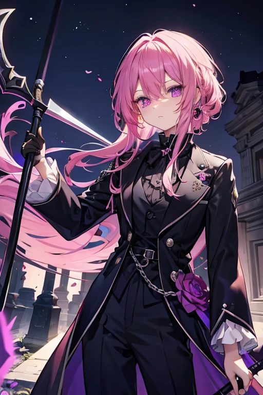 A pink haired man with violet eyes is holding a scythe in the cemetery in a gothic velvet suit