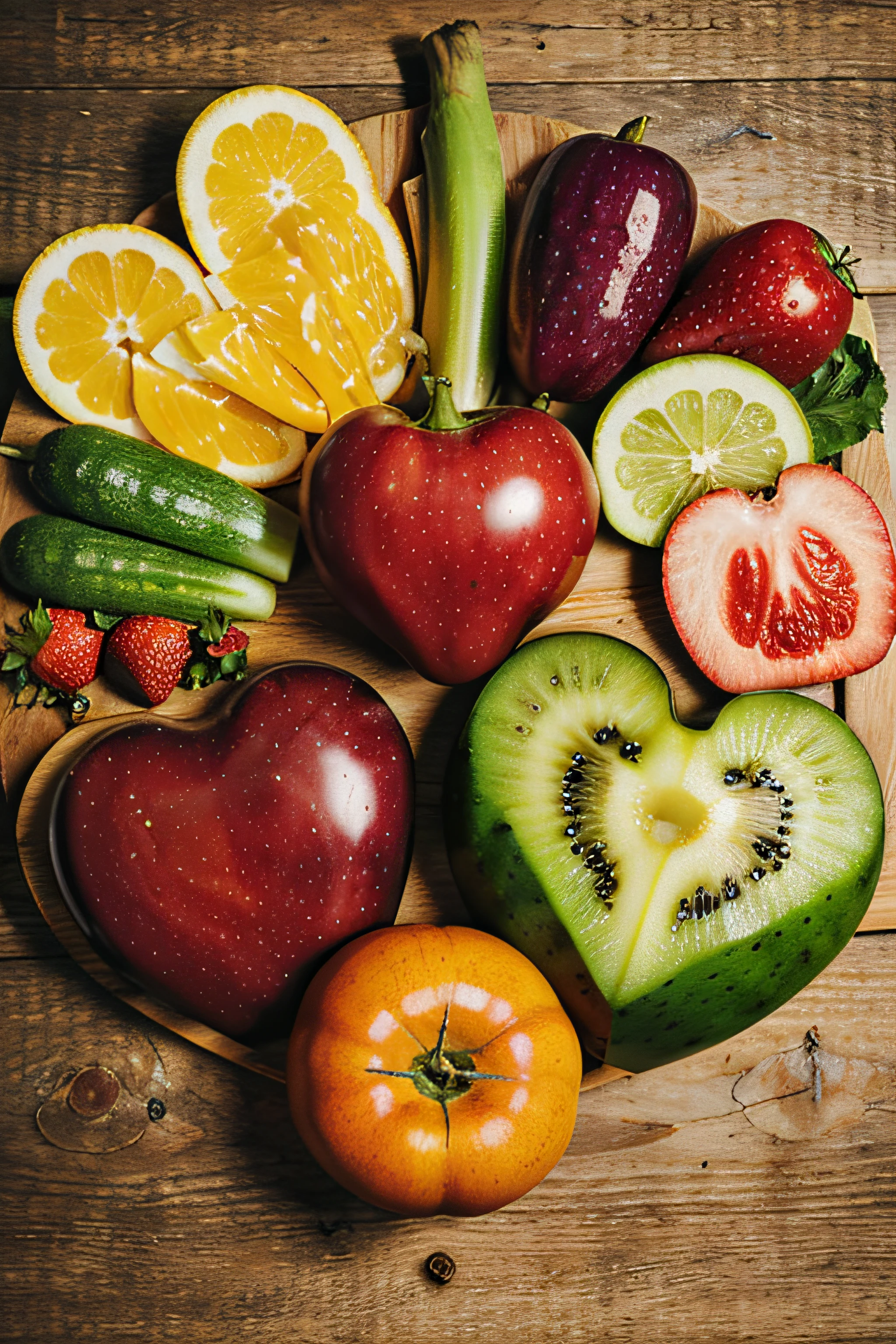 fresh fruits and vegetables on wooden heart board and sports equipment and stethoscope