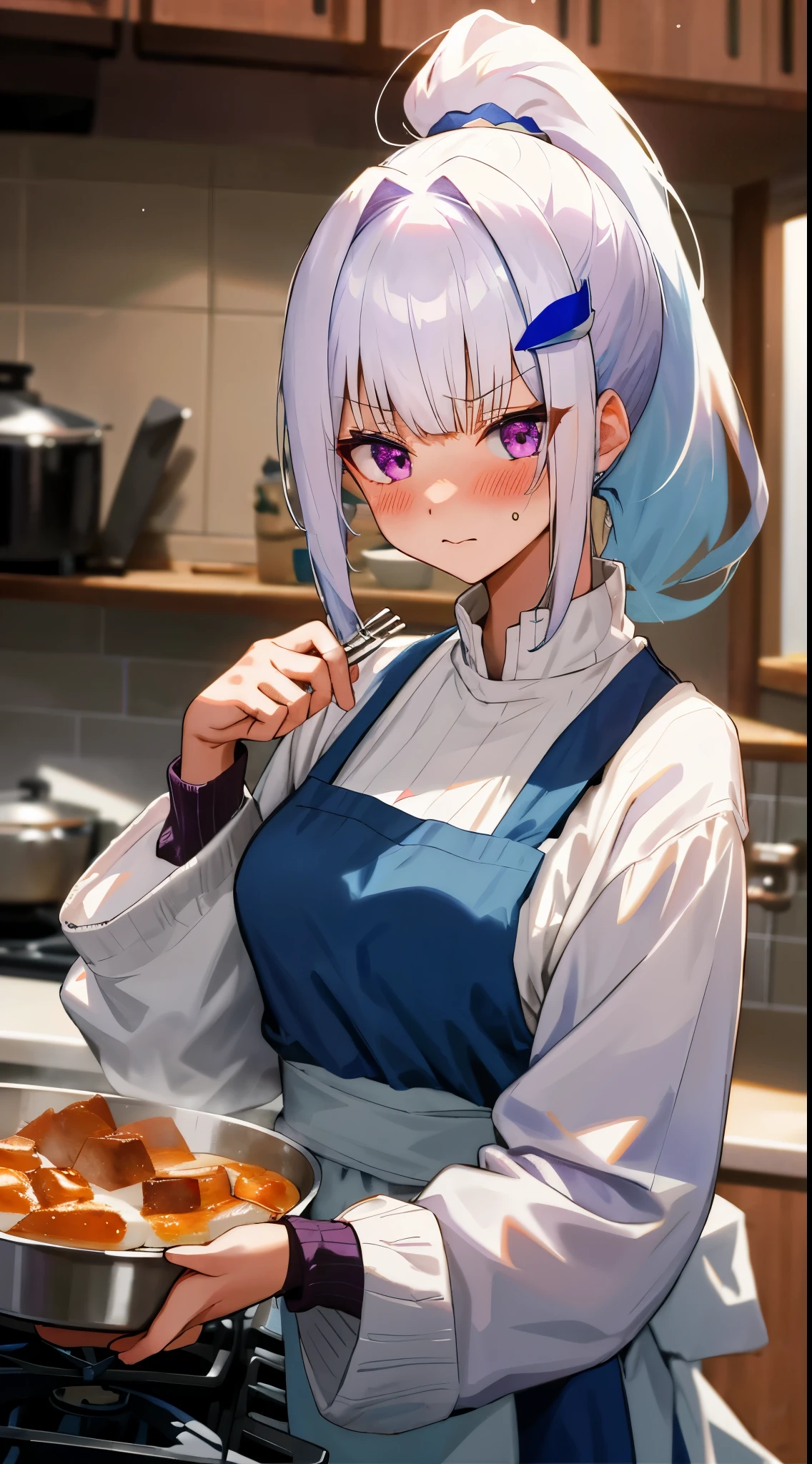 One girl with high ponytail hair, bangs, white hair, blue inner hair:1.25) , purple eyes, blushing, serious expression, indoor, Cooking food, kitchen, sweaters, apron, mid-chest, day atmosphere, hair ornament, medium breasts, upper body, focus, blurry background, food