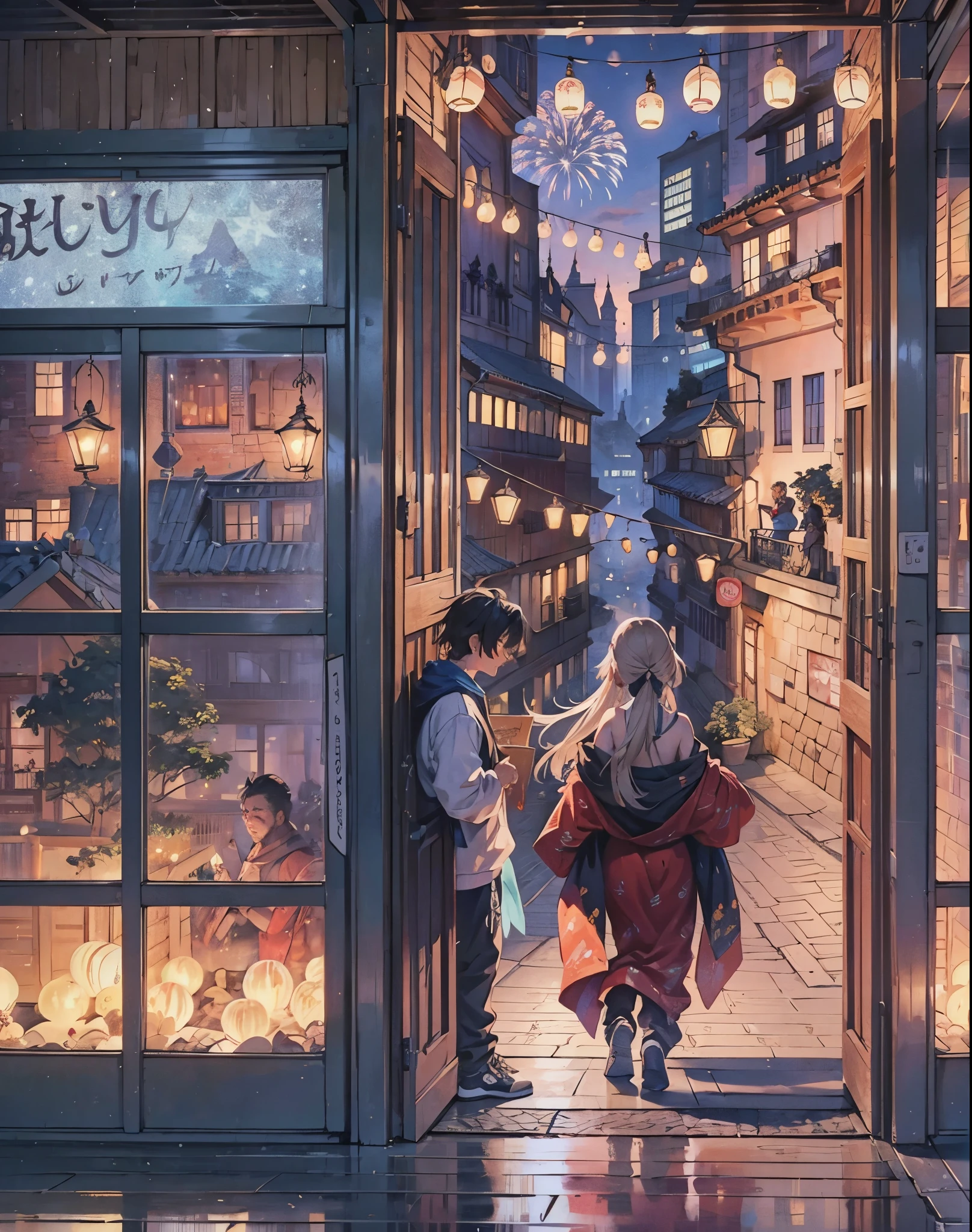 Generate a captivating anime scene featuring a boy and a girl sitting with their backs to the viewer on the rooftop of a building in Arequipa, Peru, while they enjoy the city's New Year's Eve fireworks. The girl should be dressed in a dazzling fantasy outfit inspired by Honkai Impact, and the boy in casual and sporty clothing. Capture the excitement and magic of the moment, emphasizing the connection between the characters and the festive atmosphere of the occasion. Ensure both characters are facing away from the viewer to add a sense of mystery and anticipation. Include authentic details of Arequipa and the local architectural style to give a unique touch to the scene estilo novela ligera, ciudad latinoamericana --auto --s2
