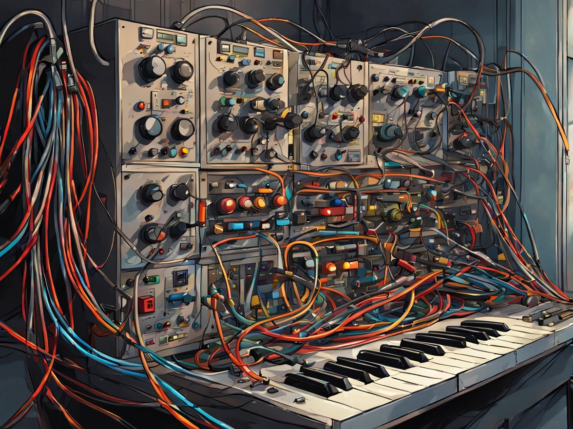 a cartoon illustration of a weird-shaped modular synthesizer with colored cables in a shady and dirty room in a cheap hotel, best quality, highly detailed, masterpiece,trending on artstation, digital art, digital illustration, storybook illustration,