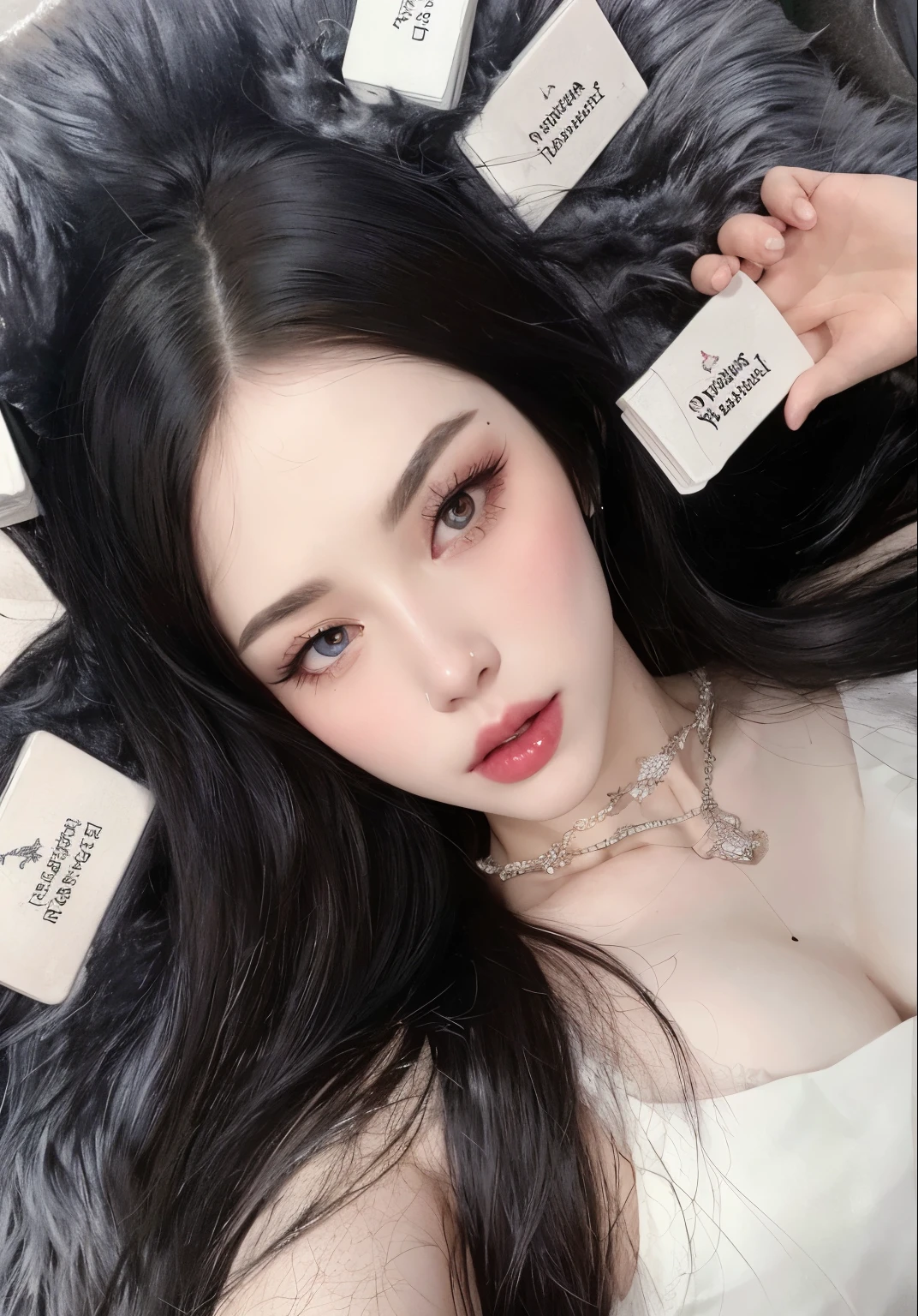 There's a woman lying on a bed covered in fur with cards, pale porcelana pele branca, dilraba dilmurat, maquiagem sul-coreana popular, pale snow white skin, maquiagem coreana popular, ava max, porcelana pele branca, Ulzzang, pale milky white porcelain skin, Xision Wu, porcelain pale skin, pale goth beauty, clear lips and high quality