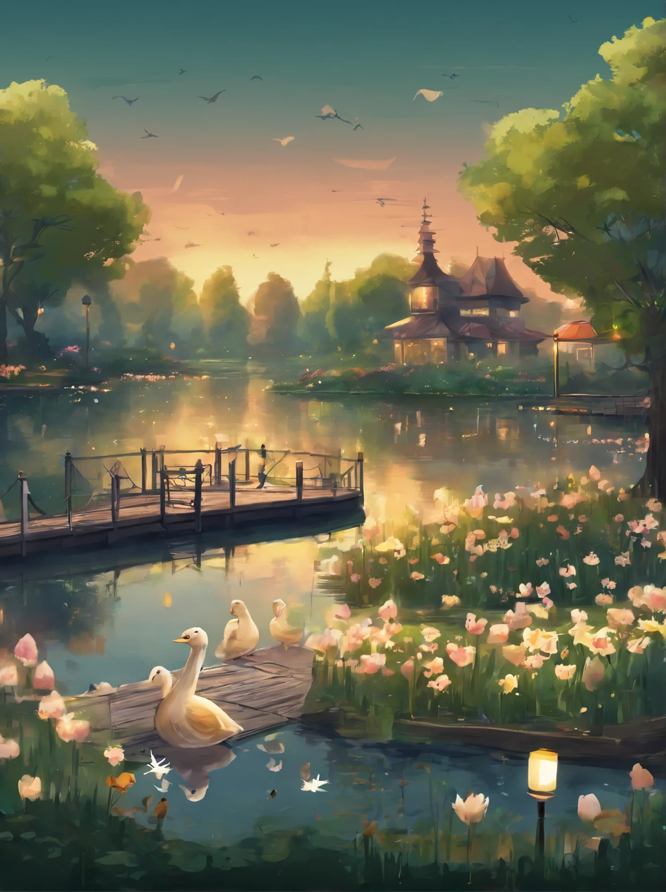 Evening Park. Calm, Quiet street, small pond with ducks, lanterns, Benches, gazebo. summertime.