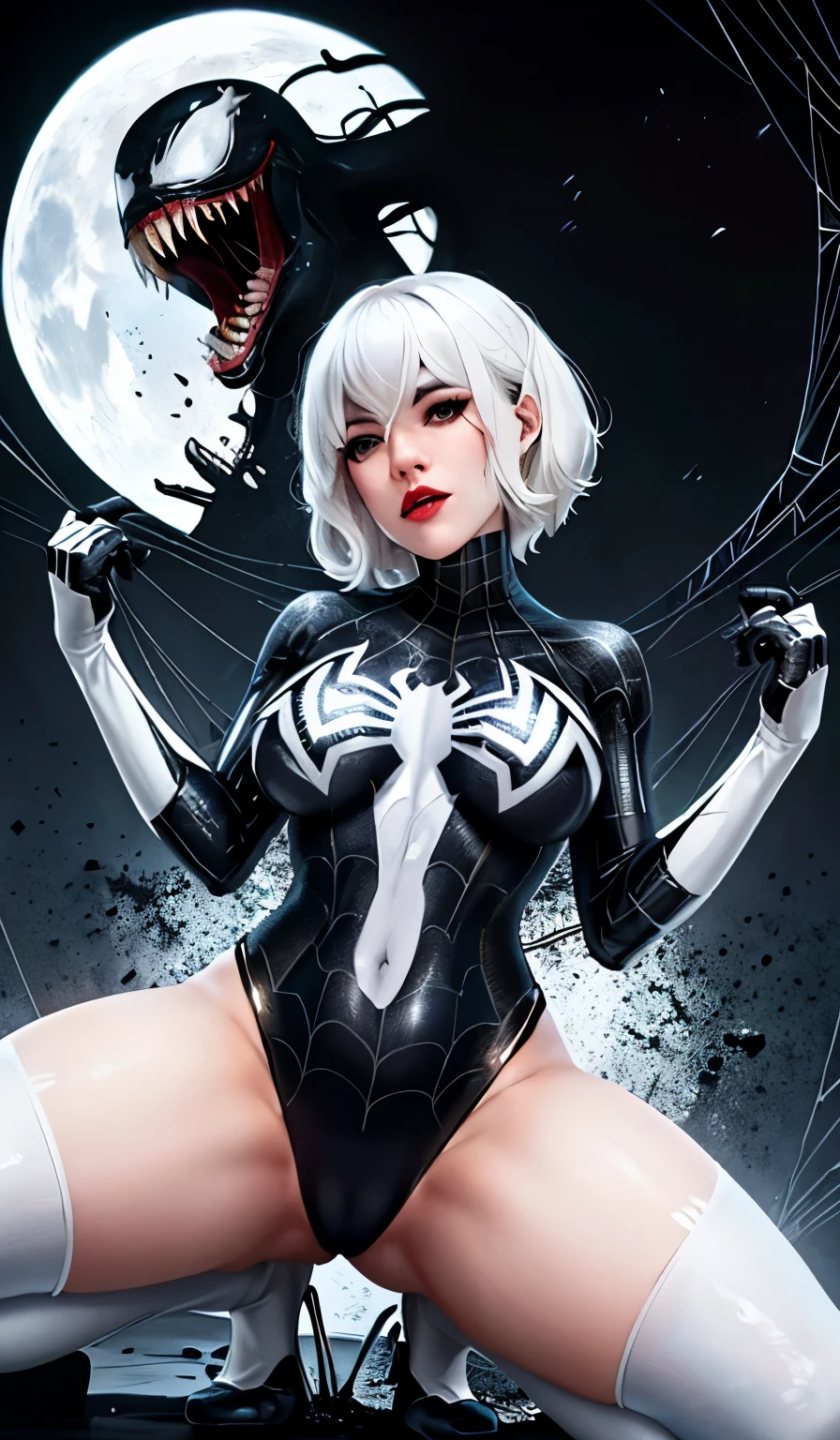 4K，realisticlying，Glamorous，The  very detailed，There  a girl in Dingcheng，White hair，Wearing a black Spider-Man costume，（Black and white：1.4） the night,symbiote，venomize，a large amount of mucus,she  a spiderman，Black superhero theme，In front of the sky，Flushed complexion，( Open legs， camel-toe，， Vulvar shape：1.3）,(GGCameltoe:1.3)Legs apart，25 age old，full bodyesbian