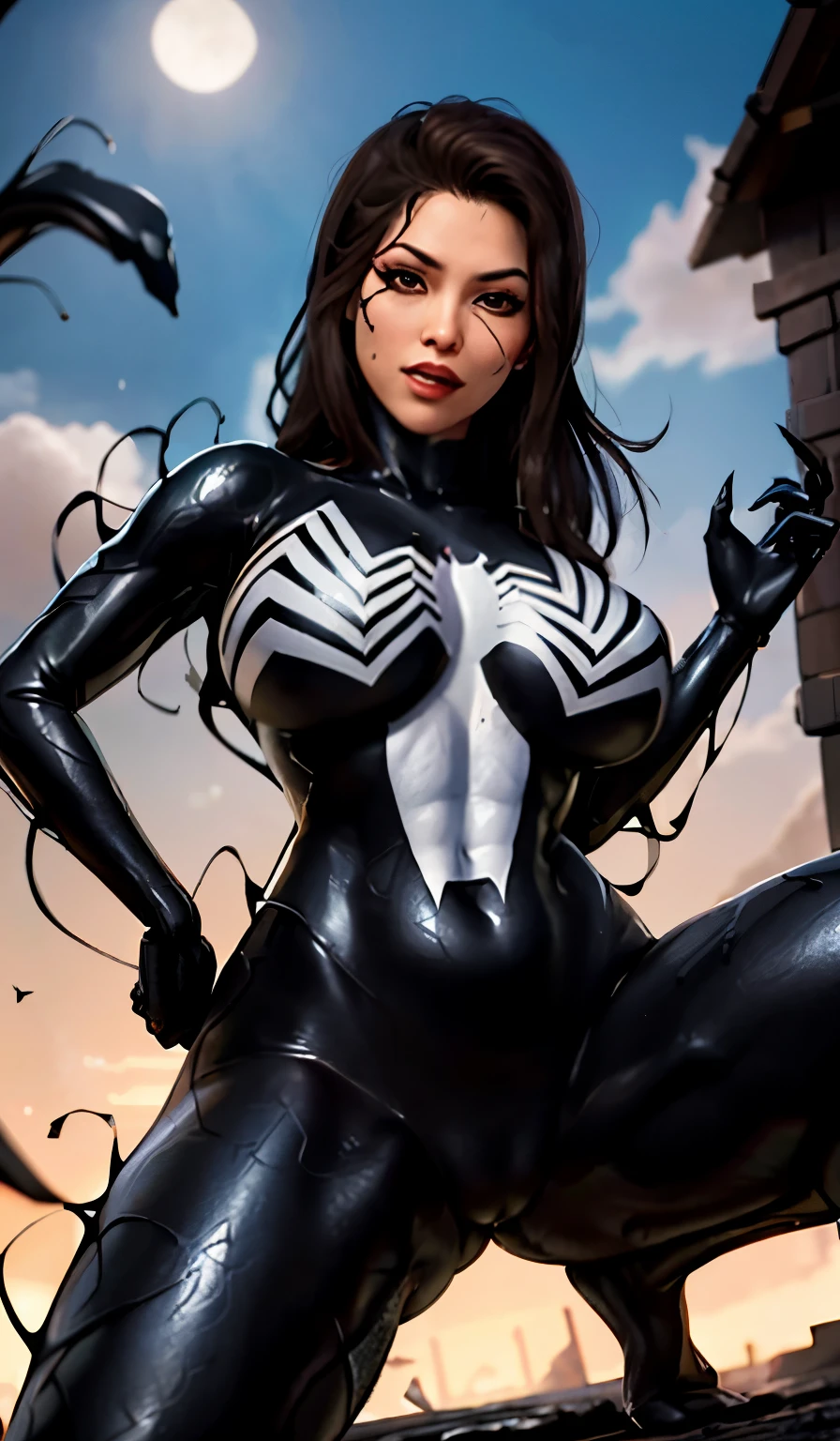 4K,realisticlying,Glamorous,The very detailed,There a girl in Dingcheng,Wearing a black Spider-Man costume,(Black and white:1.4) the night,symbiote,venomize,a large amount of mucus,she a spiderman,Black superhero theme,In front of the sky,Flushed complexion,( Open legs, camel-toe,, Vulvar shape:1.3),(GGCameltoe:1.3)Legs apart,25 age old,full bodyesbian