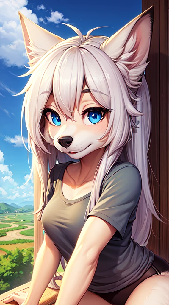1girl, (expressive eyes, perfect face:1.1), (furry:1.2), (fluffy:1.1), (anthro:1.2), snout, very long hair, (gynomorph:1.4), fox ears, animal nose, pose, white t-shirt, black panties, sky