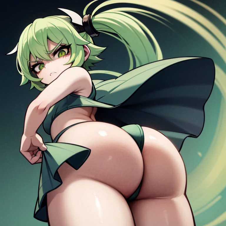 Anime image of a girl with short green hair, a small body, she is flat, she has big thighs and hips, in addition to having a huge ass, she wears a very tight schoolgirl uniform and has a furious look.