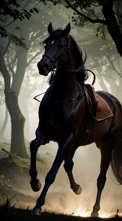 Jienete sin cabeza, caballo siniestro ojos sangrientos, cabalgando por un bosque siniestro por la noche