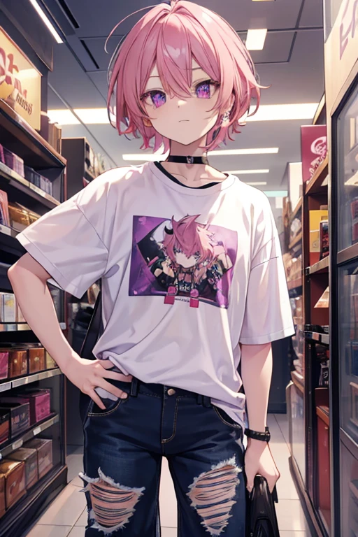 A pink haired handsome  man with violet eyes is wearing a band t-shirt and ripped jeans in a store