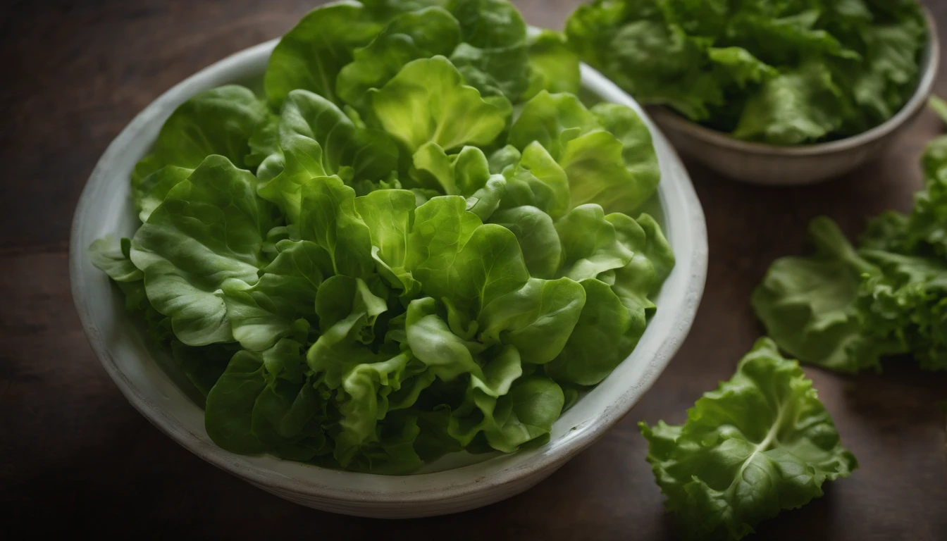 a top-down shot of a bowl filled with fresh, vibrant lettuce leaves, creating a visually pleasing and appetizing composition